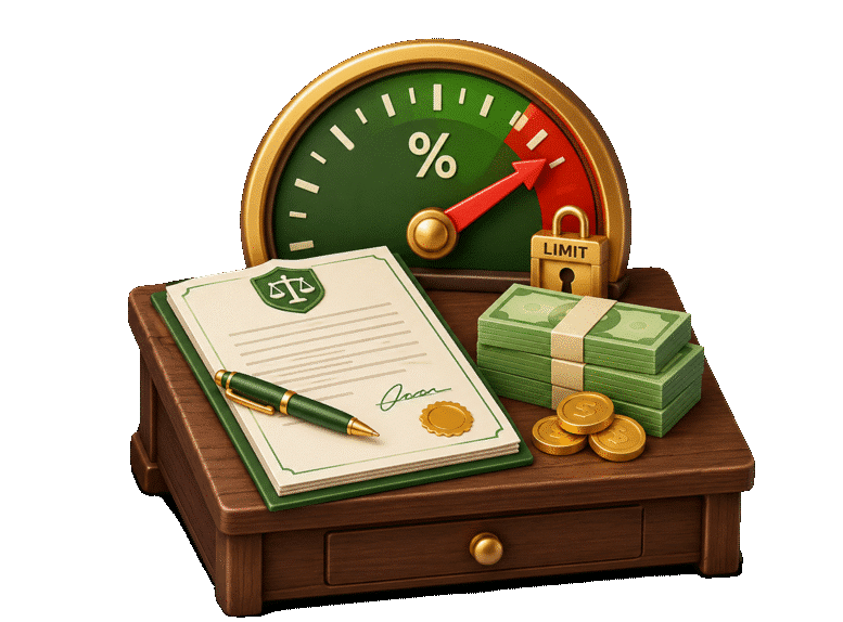 3D loan papers, cash, and an interest gauge pointing beyond a locked legal limit.