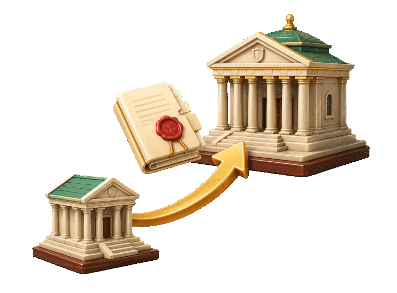 3D sealed case record traveling upward from a smaller courthouse to a higher courthouse for review.