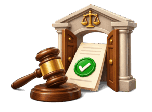 3D courthouse doorway, gavel, and approved evidence document representing admissibility in court.