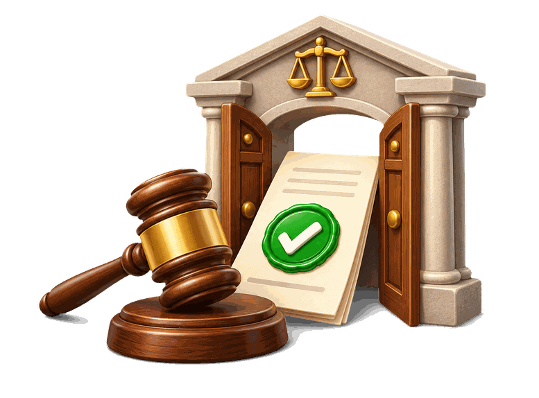 3D courthouse doorway, gavel, and approved evidence document representing admissibility in court.