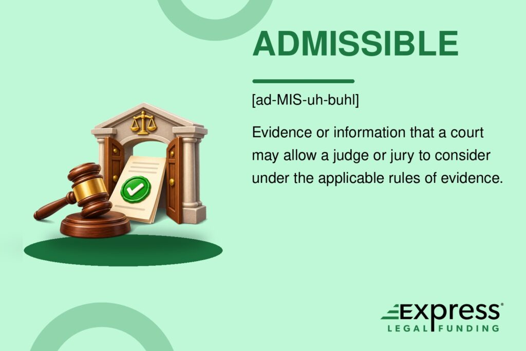 Admissible legal glossary graphic with a gavel and approved evidence document entering a courthouse.