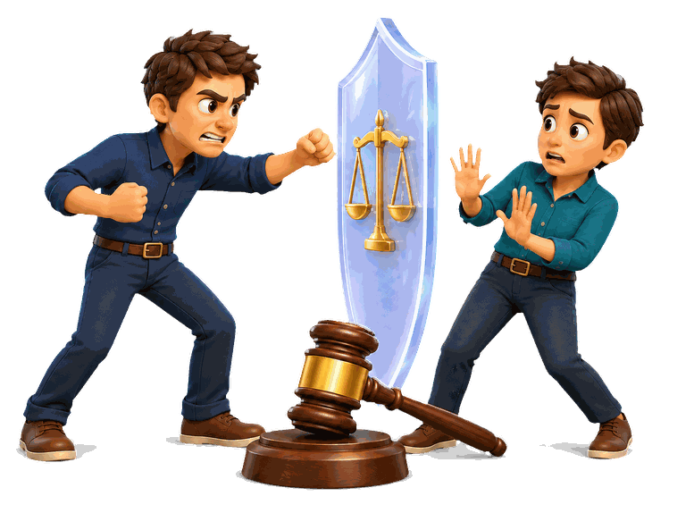 3D figures separated by a balance-scale barrier and gavel, representing threatened harmful contact.