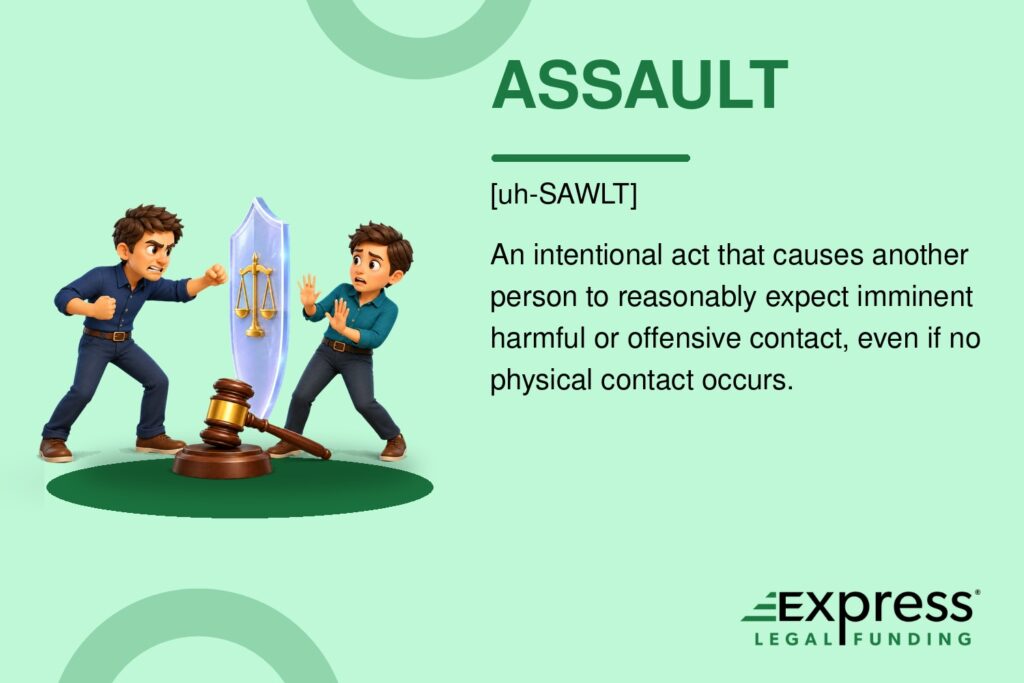 Assault legal glossary graphic with a threatening gesture stopped by a legal barrier before contact.
