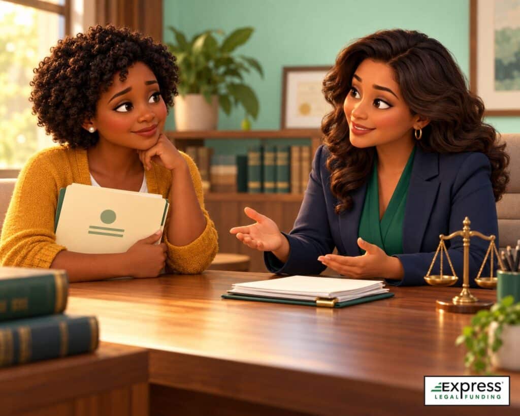 A client listens with relief as an attorney explains a pre-settlement funding agreement in a warm legal office.