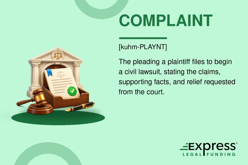 Complaint legal glossary graphic with a pleading being filed at a courthouse beside a gavel.