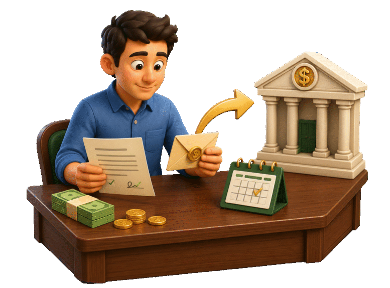 3D borrower reviewing a signed loan with money, a payment calendar, and an arrow toward a creditor.