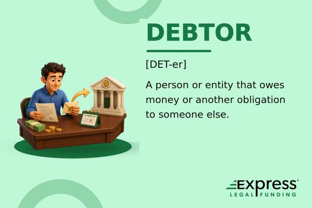 Debtor glossary feature with a borrower reviewing a loan and preparing payment to a creditor institution.