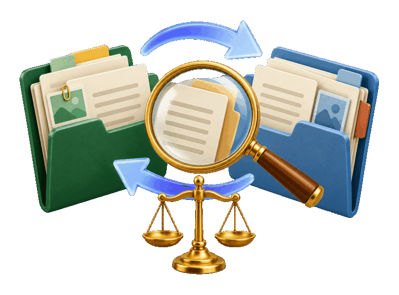 3D green and blue case folders exchanging documents beneath a magnifying glass and balance scales.