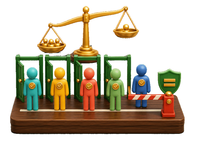 3D equally qualified figures at opportunity gates with one person blocked by a red barrier and a tilted scale.