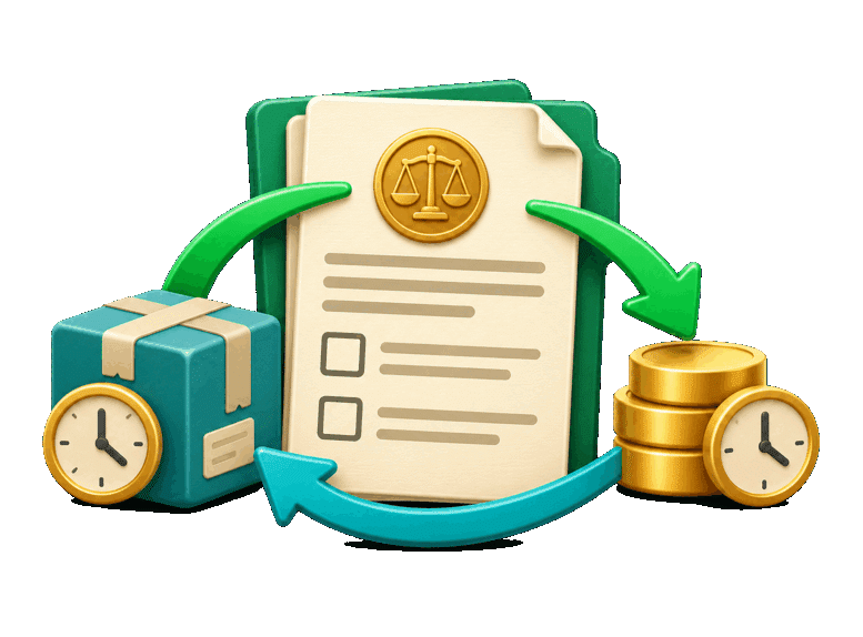 3D contract with unchecked duties, two clocks, a parcel, payment tokens, and opposing arrows.