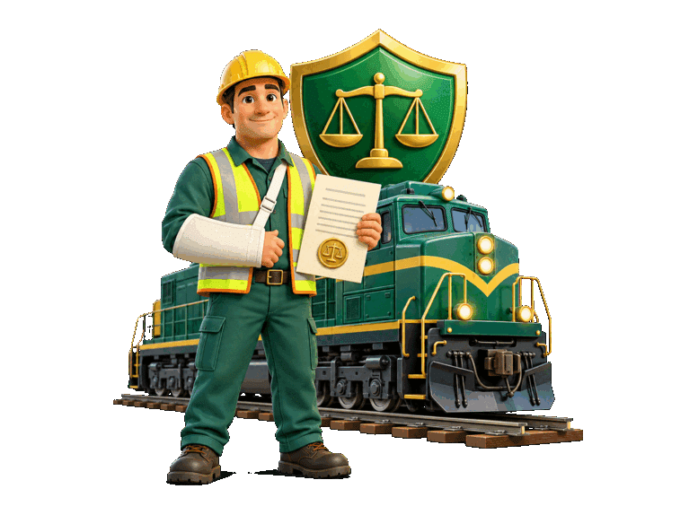 3D railroad worker with an arm sling, claim document, locomotive, track, and legal shield representing FELA.