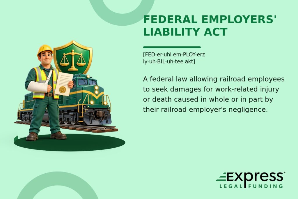 Federal Employers' Liability Act glossary graphic with an injured railroad worker, locomotive, and legal shield.
