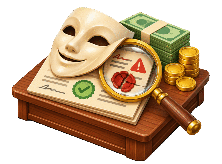 3D mask, money, and magnifying glass revealing a broken seal on a financial document.