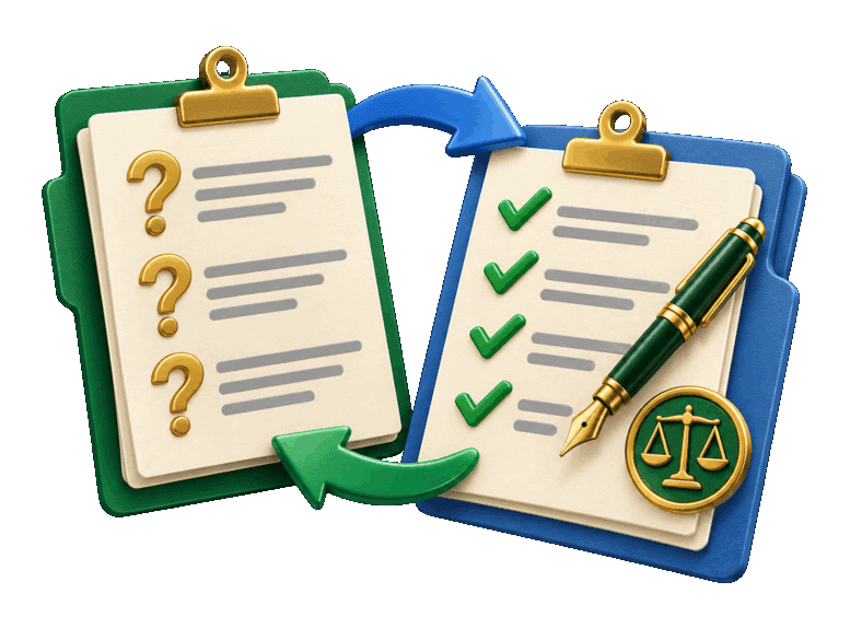 3D question and answer forms connected by exchange arrows with a fountain pen and balance-scale seal.