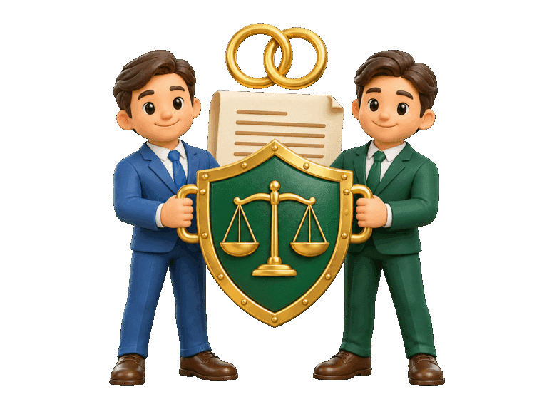 3D blue and green figures jointly holding a shield with balance scales, a legal document, and interlocking rings.