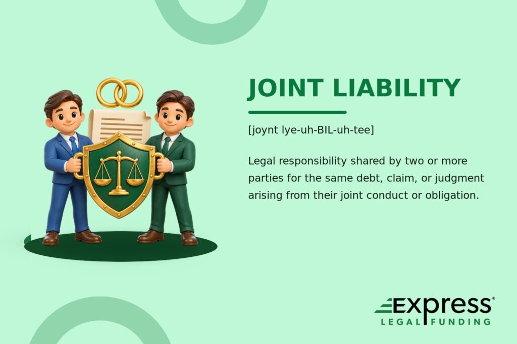 Joint Liability glossary graphic with two equal parties holding a shared legal shield beneath interlocking rings.