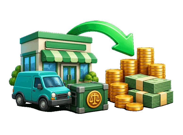 3D storefront, van, and equipment converting into coins and bundled funds to represent liquidation.