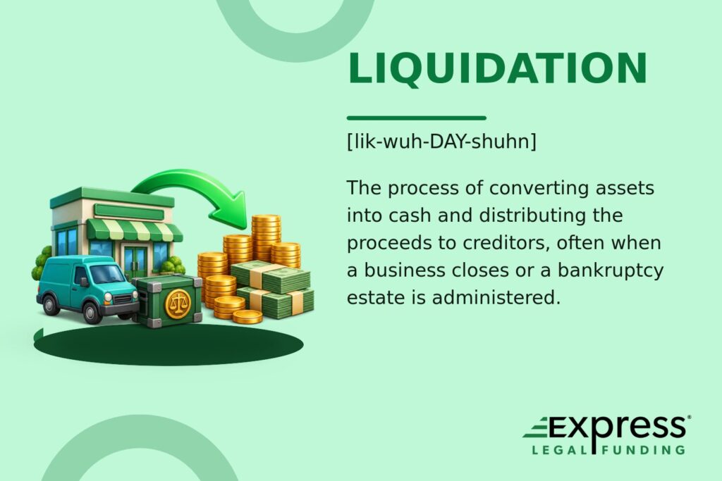 Liquidation glossary graphic with business assets converting into funds for creditor payment.