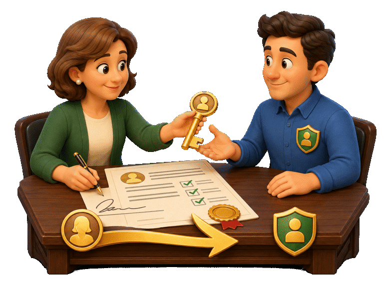 3D principal signing an authorization document and giving an authority key to a trusted agent.