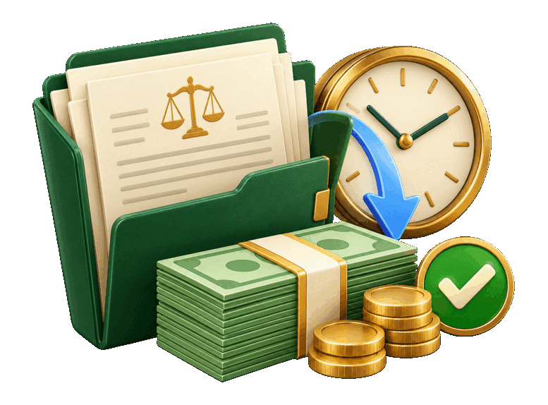 3D legal case folder with bundled funds, coins, a clock, backward arrow, and confirmation badge representing an earlier advance.