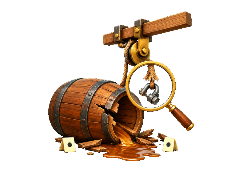 3D fallen barrel beneath a broken hoist, with a magnifying glass revealing the failed rope fitting.