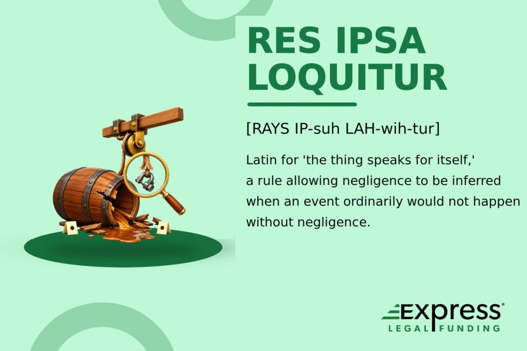 Res ipsa loquitur glossary feature with a fallen barrel and magnifying glass highlighting a failed hoist fitting.