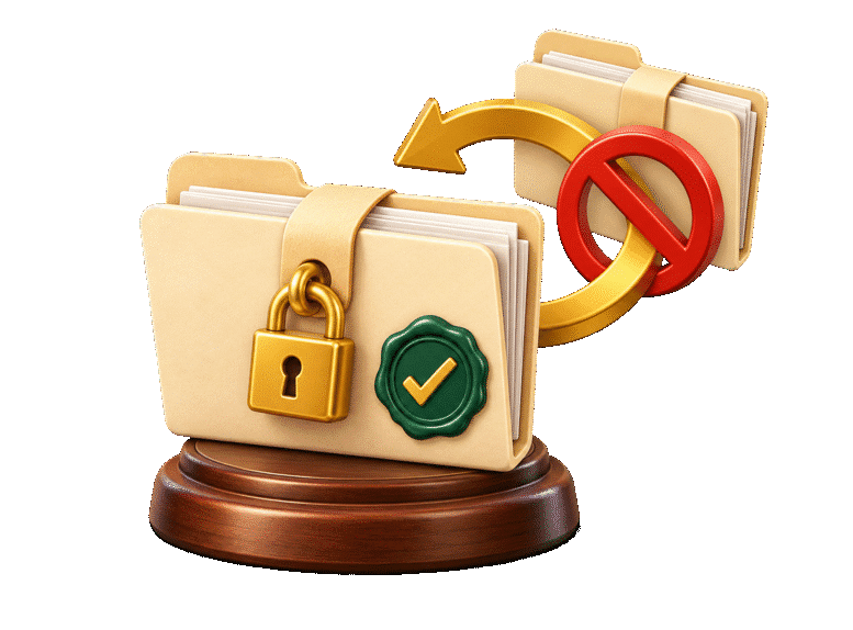 3D locked case file with a final seal and an identical returning file blocked by a no-repeat symbol.