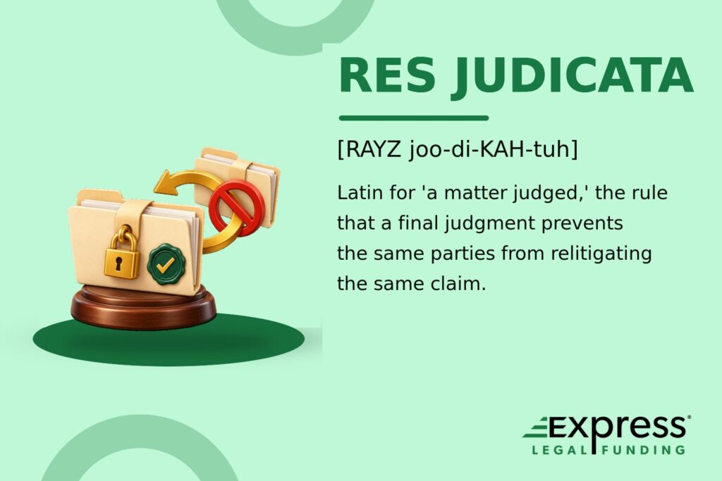 Res judicata glossary feature with a sealed case file and a duplicate filing blocked from returning.
