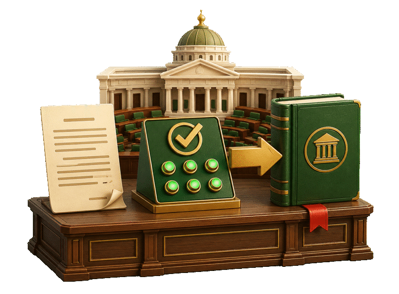 3D proposed bill passing an approved legislative vote and becoming a sealed statute book.