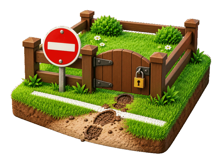 3D fenced property with a locked gate, no-entry symbol, and muddy footprints crossing the boundary.