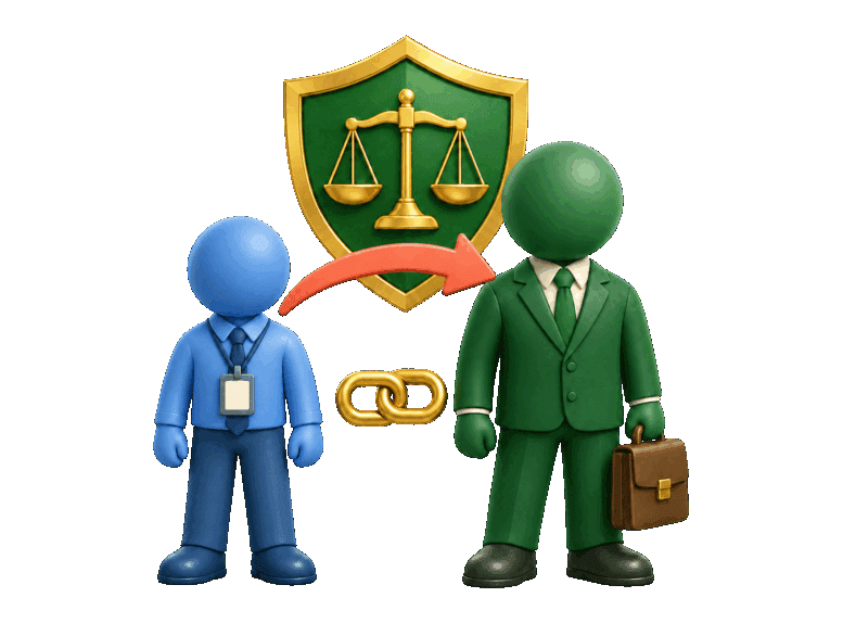 3D employee and employer figures linked beneath a shield with balance scales and a responsibility arrow.