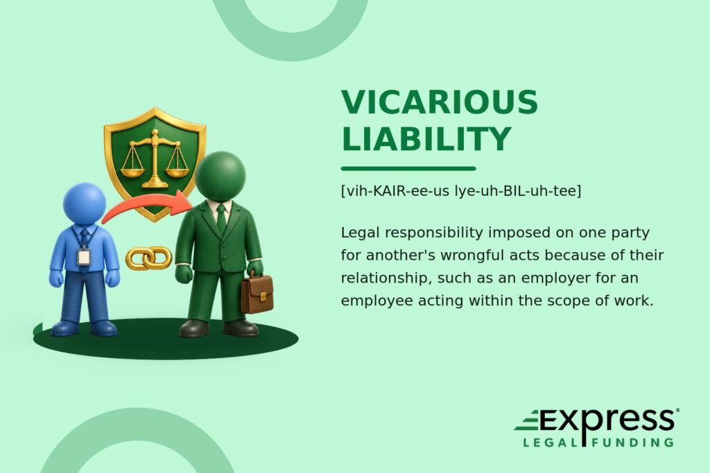 Vicarious Liability glossary graphic with linked employee and employer figures, a responsibility arrow, and a legal shield.