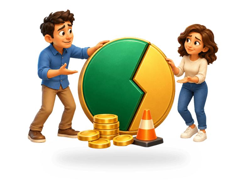 Comparative negligence icon with a a fault wedge and a hazard cone with compensation coins.