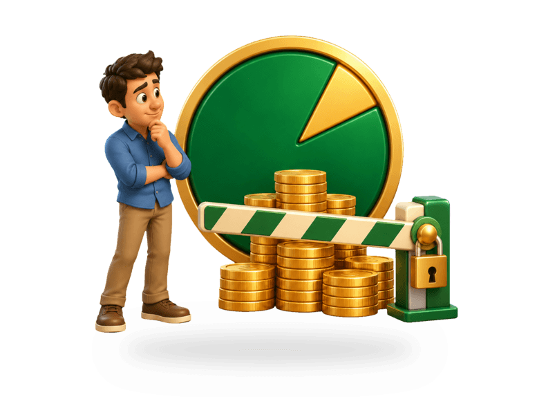 3D claimant beside a small fault wedge and locked barrier blocking compensation coins, representing contributory negligence.