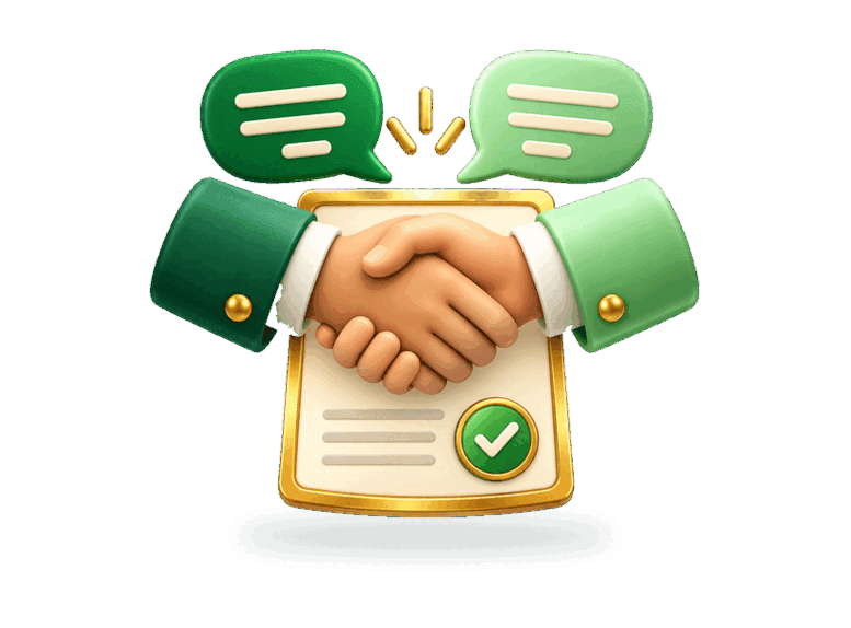 3D cooperative handshake above an agreement document with dialogue bubbles and a check-mark seal representing dispute resolution.