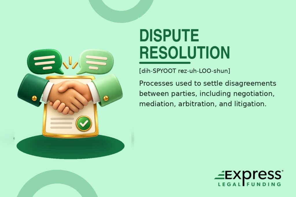 Dispute Resolution glossary graphic with a cooperative handshake, dialogue bubbles, agreement document, and check-mark seal.