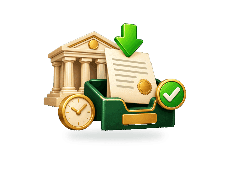 3D legal document entering a court filing tray with a confirmation check and courthouse.
