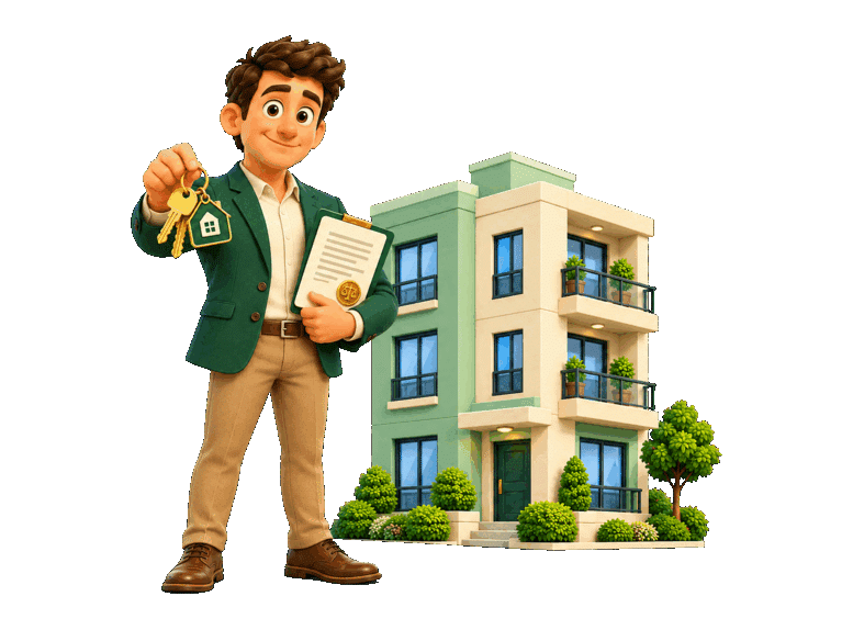 3D property manager holding keys and a lease beside a residential rental building.