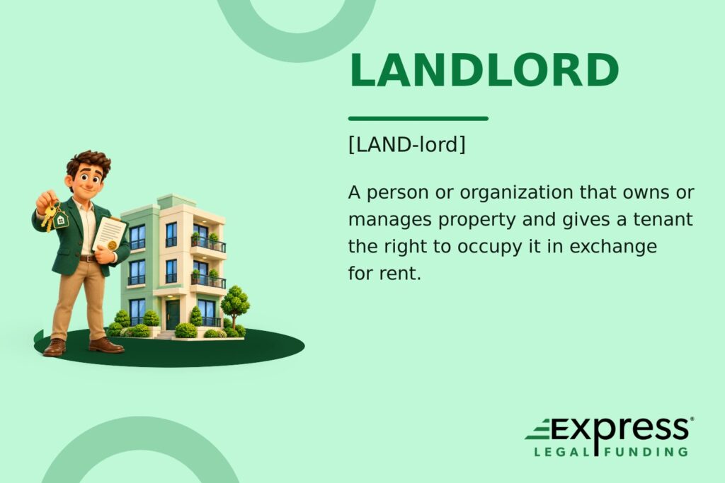 Landlord glossary graphic with a property manager, rental keys, lease document, and apartment building.