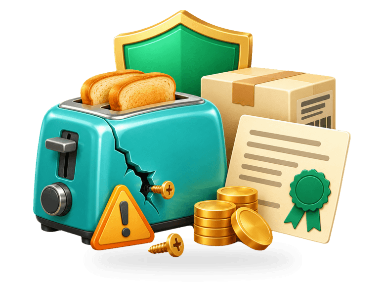 3D cracked toaster with a warning sign, product box, claim document, shield, and coins representing product liability.