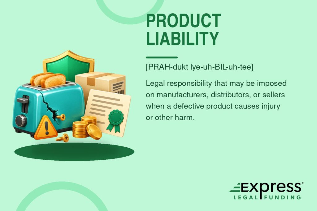 Product Liability glossary graphic with a cracked toaster, warning sign, claim document, product box, and compensation coins.