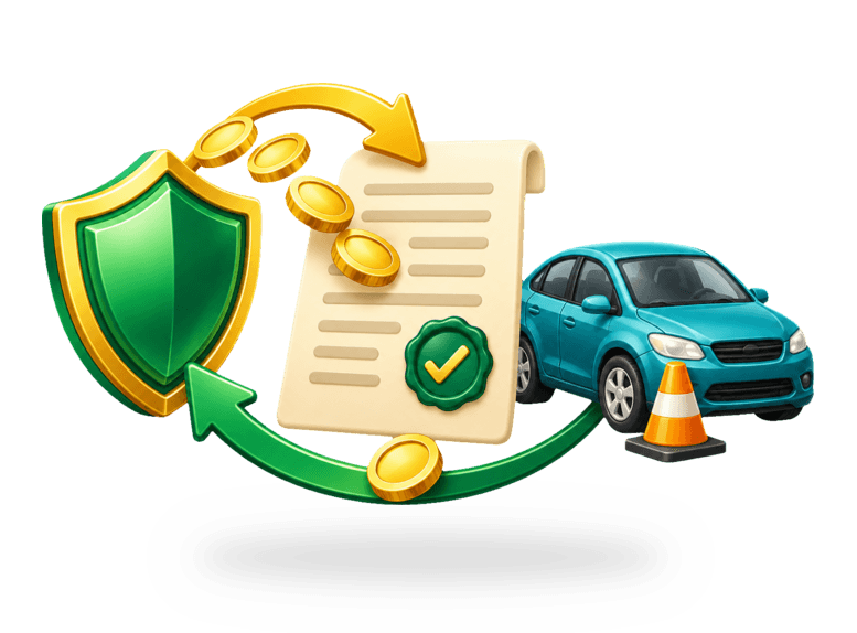 Subrogation icon of a shield, claim document, coins, recovery arrows, and vehicle illustrating transferred recovery rights.