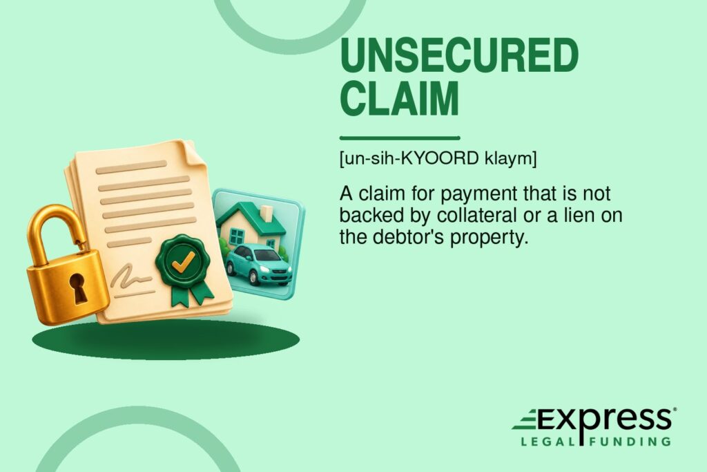 Unsecured Claim glossary graphic with an open padlock, claim papers, and separate house and car collateral.